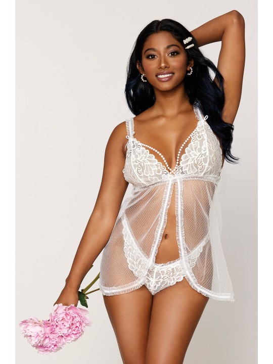 babydoll en résille et dentelle blanche sexy de la collection Dreamgirl