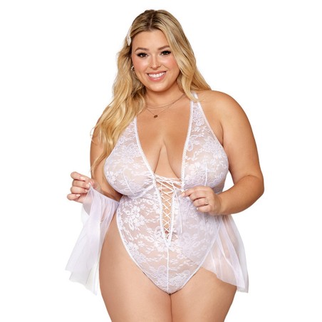 Body sexy, grande taille, blanc avec tulle en résille de chez dreamgirl