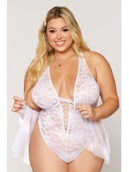 Body sexy, grande taille, blanc avec tulle en résille de chez dreamgirl