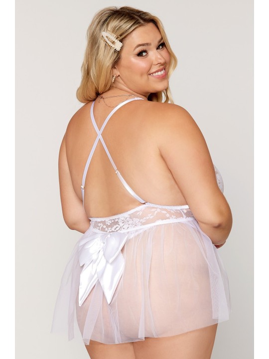 Body sexy, grande taille, blanc avec tulle en résille de chez dreamgirl