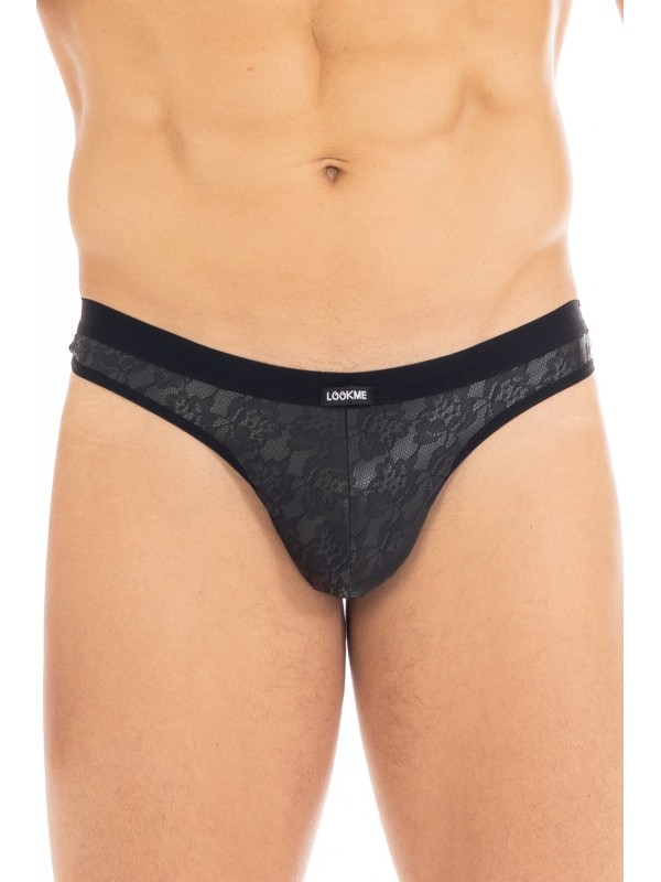 String en simili cuir dentelle sexy noir de la marque LOOKME lingerie homme.