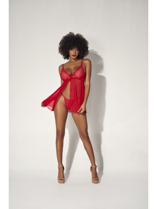 Nuisette rouge en dentelle et résille de Mapalé lingerie, vente en dropshipping