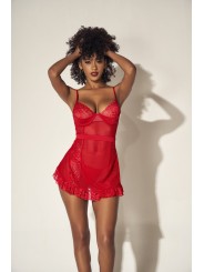 Nuisette en dentelle et résille rouge avec string assorti - MAL7507RED