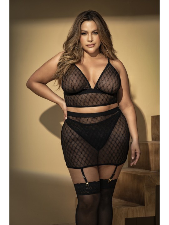 ensemble 3 pièces lingerie sexy, femme forte, noire en fine résille