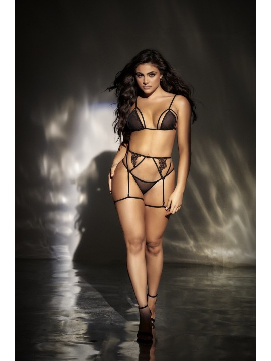 soutien-gorge résille avec porte-jarretelle et string sexy noir de Mapalé.