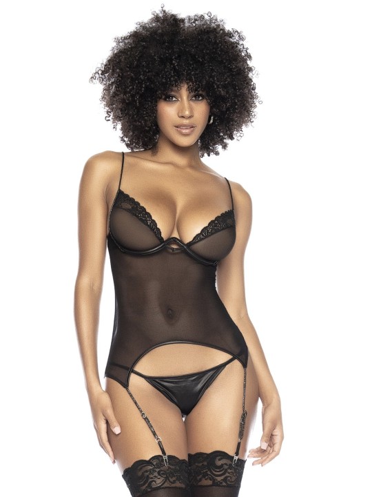 Bustier dentelle noire avec porte-jarretelles et string assorti de Mapalé lingerie