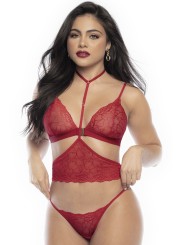 Parure lingerie sexy rouge imprimé de cœurs en dentelle de votre fournisseur Mapalé.