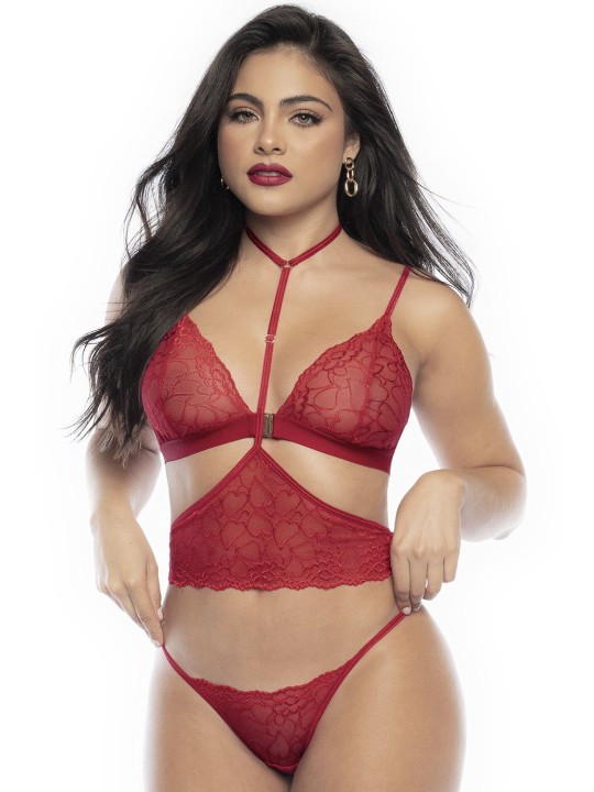 Parure lingerie sexy rouge imprimé de cœurs en dentelle de votre fournisseur Mapalé.