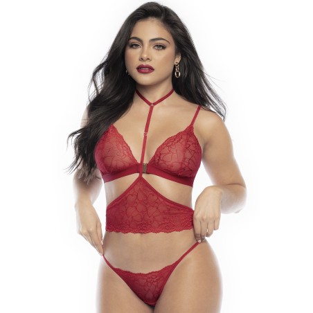 Parure lingerie sexy rouge imprimé de cœurs en dentelle de votre fournisseur Mapalé.