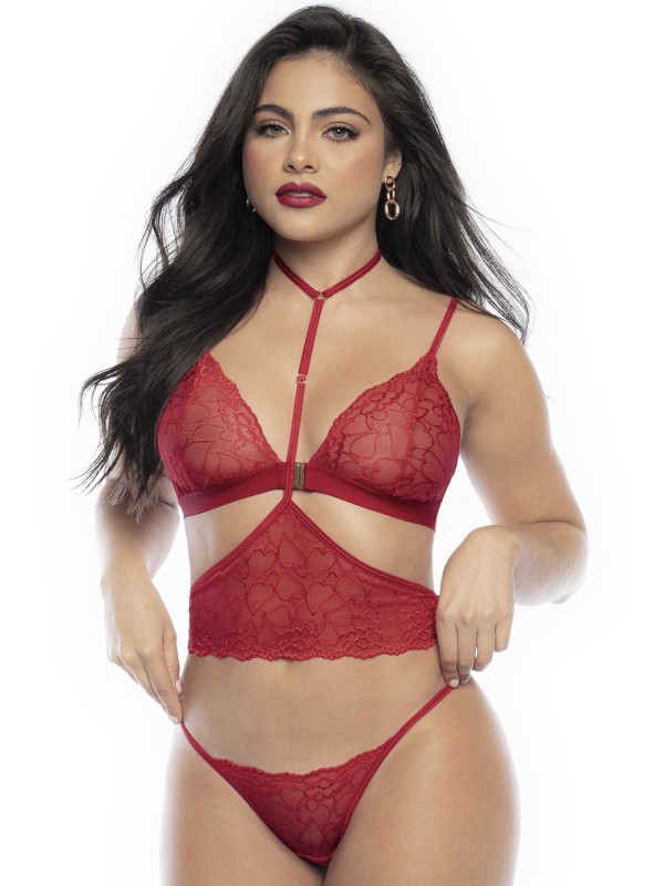 Parure lingerie sexy rouge imprimé de cœurs en dentelle de votre fournisseur Mapalé.