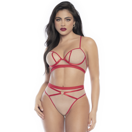 Parure de lingerie sexy de 2 pièces avec soutien-gorge chair et rouge et culotte