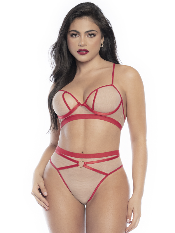 Parure de lingerie sexy de 2 pièces avec soutien-gorge chair et rouge et culotte