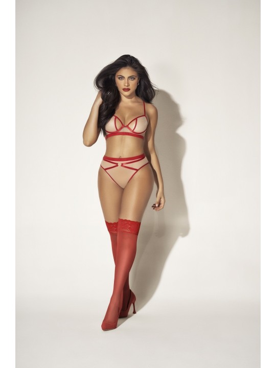 Parure de lingerie sexy de 2 pièces avec soutien-gorge chair et rouge et culotte