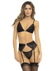 Ensemble 3 pièces noir, soutien gorge, porte jarretelles et string - REN53037-BLK