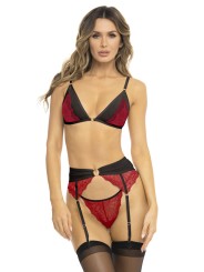 Ensemble 3 pièces rouge, soutien gorge, porte jarretelles et string - REN53037-RED