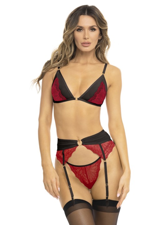 Ensemble 3 pièces rouge, soutien gorge, porte jarretelles et string - REN53037-RED