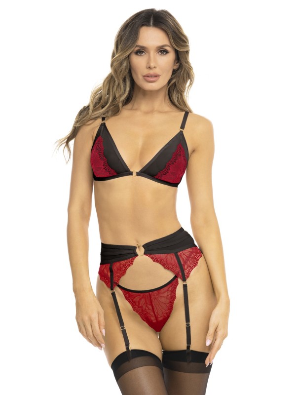 Ensemble 3 pièces rouge, soutien gorge, porte jarretelles et string - REN53037-RED