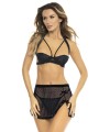 Soutien-gorge noire dentelle avec sa mini jupe résille et string assorti.