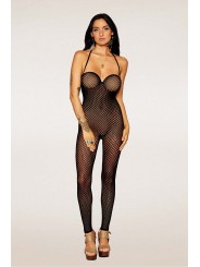 Bodystocking en résille noire, sans couture, avec large décolleté à armature  - DG0471BLK