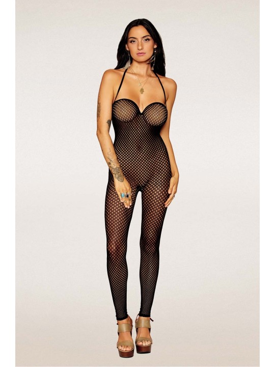 Bodystocking en résille noire, sans couture, avec large décolleté à armature  - DG0471BLK