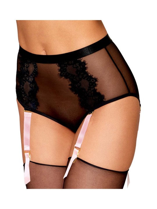 culotte sexy noire en résille et dentelle avec porte jarretelles roses.