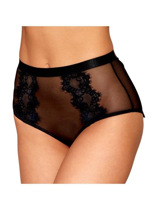 culotte sexy noire en résille et dentelle avec porte jarretelles roses.