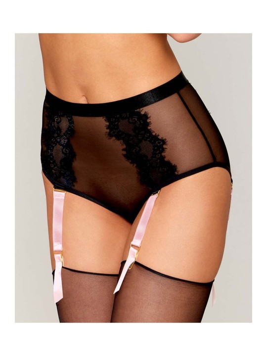 culotte sexy noire en résille et dentelle avec porte jarretelles roses.