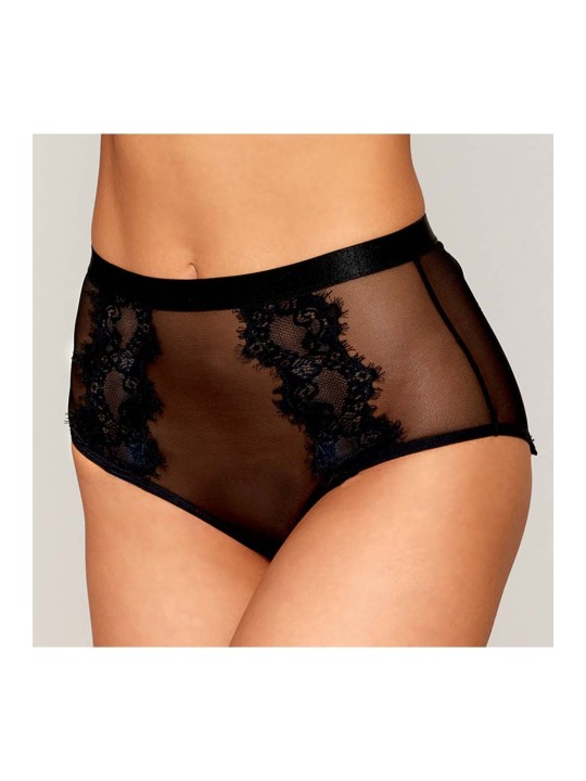 culotte sexy noire en résille et dentelle avec porte jarretelles roses.