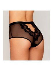 culotte sexy noire en résille et dentelle avec porte jarretelles roses.