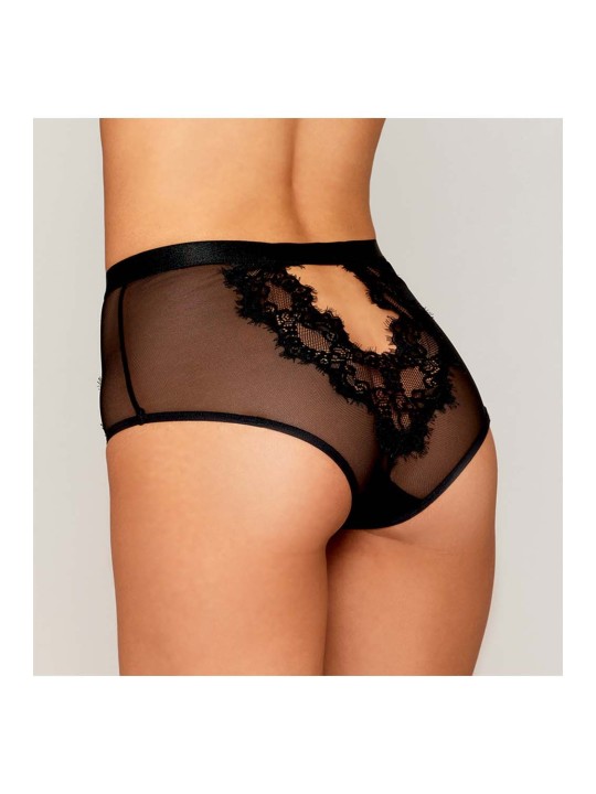 culotte sexy noire en résille et dentelle avec porte jarretelles roses.