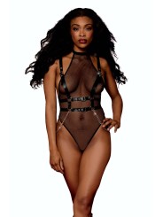 Body noir et harnais cuir de la collection lingerie BDSM de chez Dreamgirl