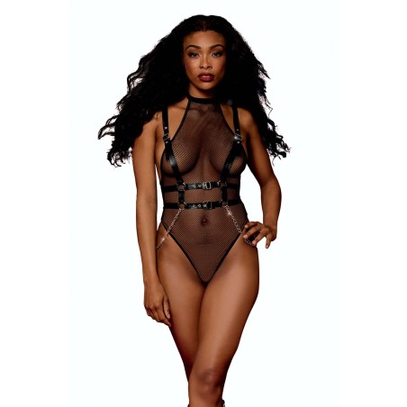 Body noir et harnais cuir de la collection lingerie BDSM de chez Dreamgirl