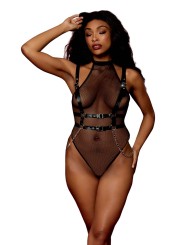 Body noir et harnais cuir de la collection lingerie BDSM de chez Dreamgirl