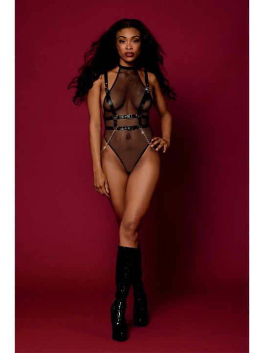 Body noir et harnais cuir de la collection lingerie BDSM de chez Dreamgirl