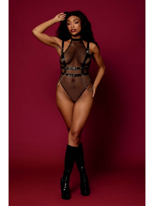 Body noir et harnais cuir de la collection lingerie BDSM de chez Dreamgirl