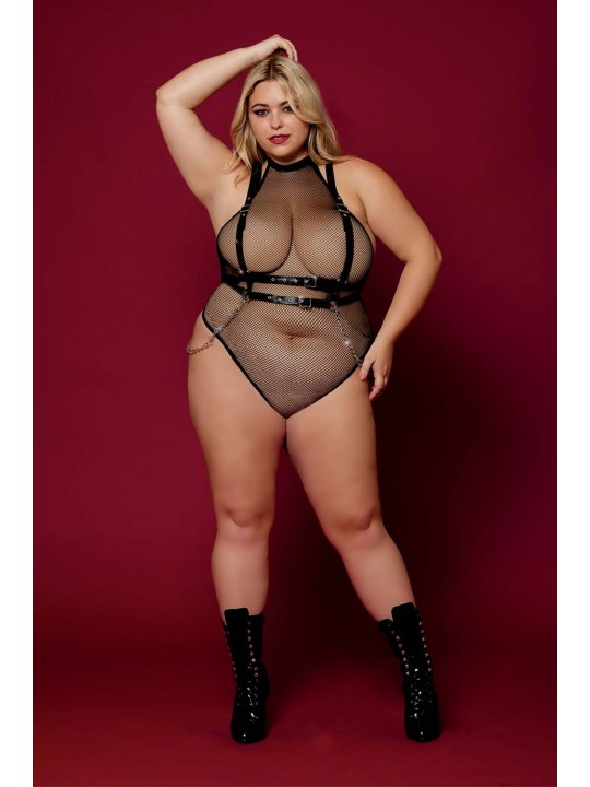 Body noir et harnais cuir de la collection lingerie BDSM de chez Dreamgirl