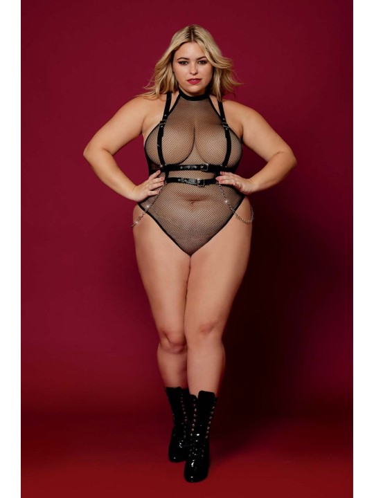 Body noir et harnais cuir de la collection lingerie BDSM de chez Dreamgirl