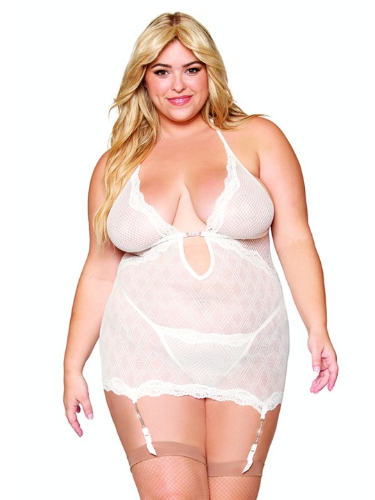 Guépière porte jarretelles blanche grande taille avec strass et string inclus - DG13313XWHT