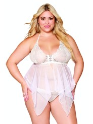 Babydoll et string grande taille en résille et dentelle blanche - DG13314WHT