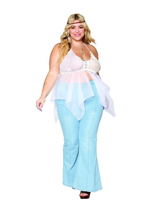 Babydoll et string grande taille en résille et dentelle blanche - DG13314WHT