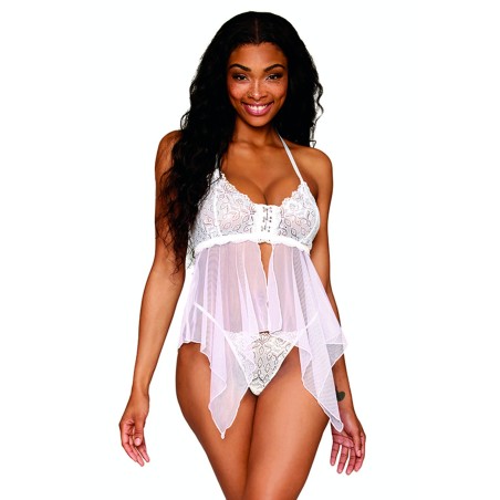 Babydoll et string en résille et dentelle blanche - DG13314WHT