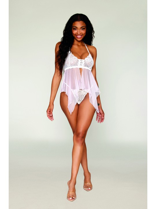 Babydoll et string en résille et dentelle blanche - DG13314WHT