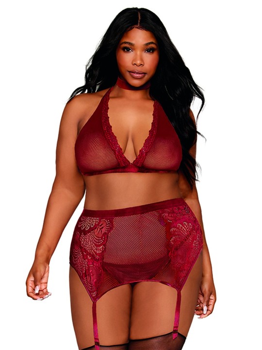 Ensemble 4 pièces grande taille soutien gorge, tour de cou, string et porte jarretelles rouge - DG11776XGAR