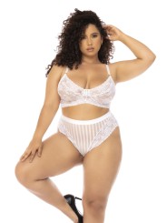 Soutien-gorge en dentelle brodée et culotte haute blanche grande taille.