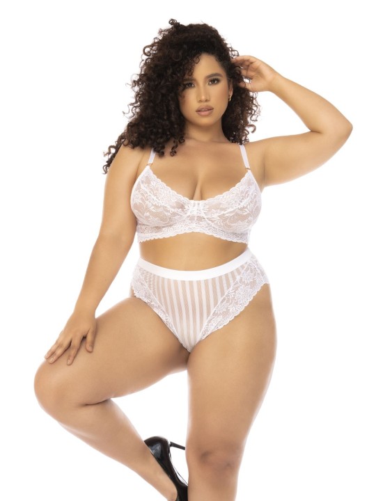 Soutien-gorge en dentelle brodée et culotte haute blanche grande taille.