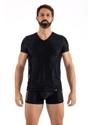 T-shirt noir opaque avec resille brodée sue les côtés , lingerie sexy homme