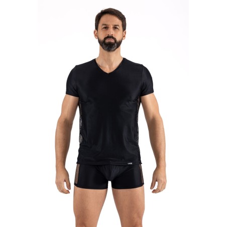 T-shirt noir opaque avec resille brodée sue les côtés , lingerie sexy homme