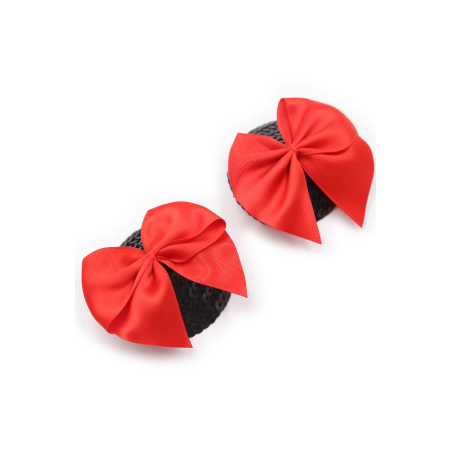 cache mamelon et nipple noir, forme ronde  avec noeud papillon satin rouge