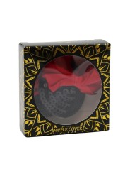 cache mamelon et nipple noir, forme ronde  avec noeud papillon satin rouge