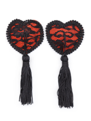 cache mamelon et nipples, forme coeur avec pompom en dentelle noire